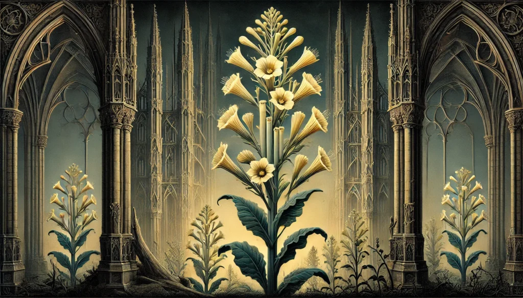 Gothic-style artistic depiction of a Tree Tobacco plant (Nicotiana glauca) with intricate detailing.