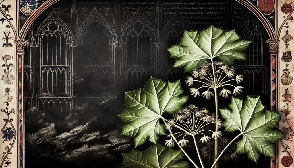 Gothic-style artistic depiction of an Umbrella Leaf plant (Diphylleia cymosa) with intricate detailing.