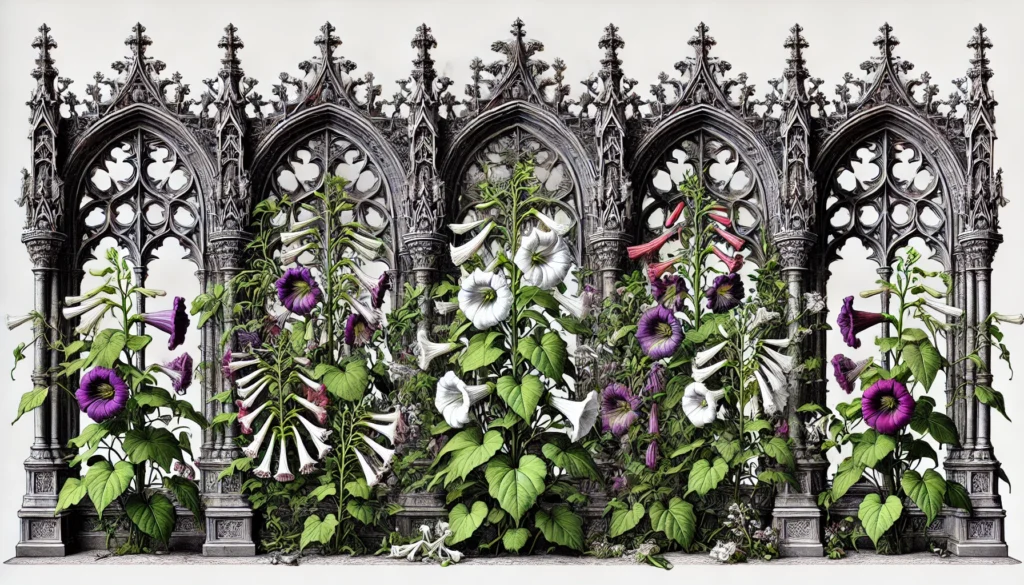 Illustration of Morning Noon and Night plants in a gothic architectural style with green leaves and multicolored flowers.