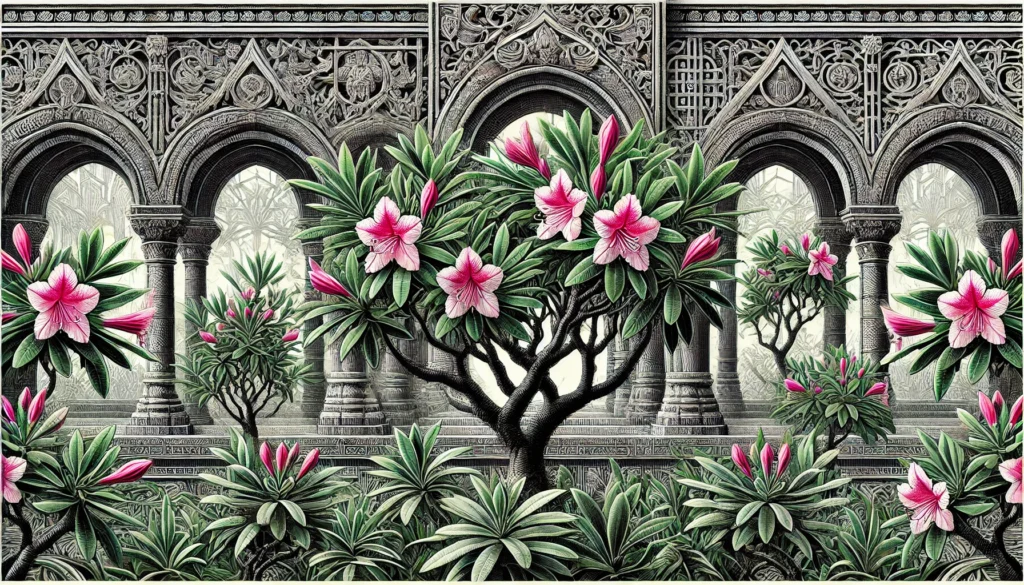 Illustration of Mock Azalea plants in a gothic architectural style with green leaves and pink flowers.