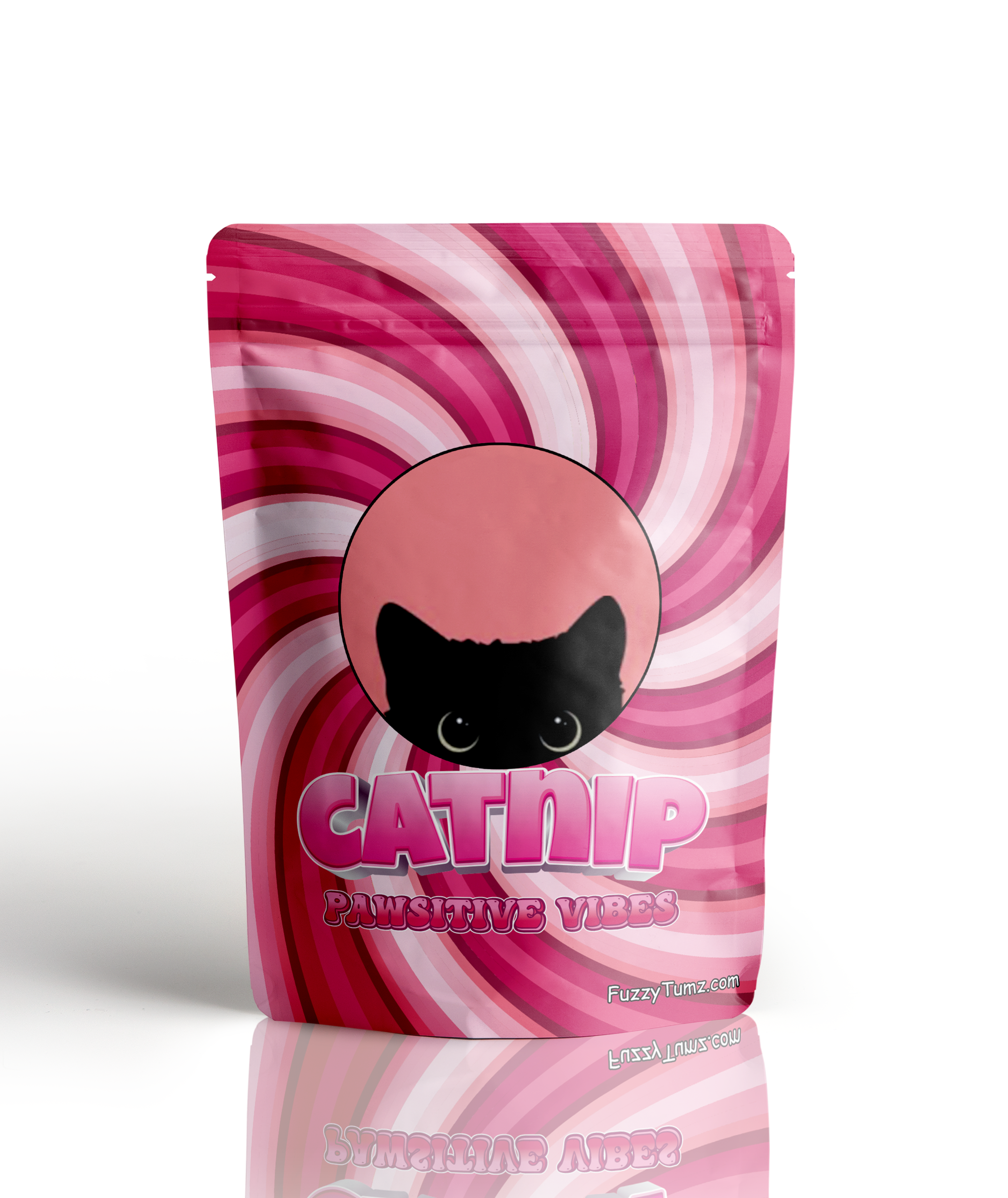 Pawsitive Vibes Catnip with Black Cat Logo on Pink Spiral Packaging