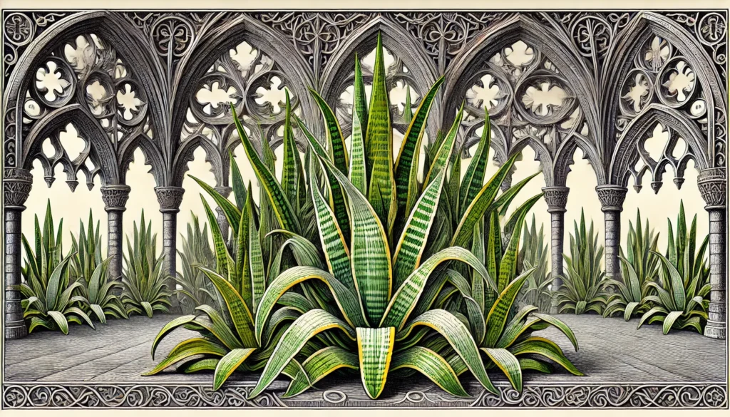 Illustration of Mother-In-Law's Tongue plants in a gothic architectural style with green leaves and yellow edges.