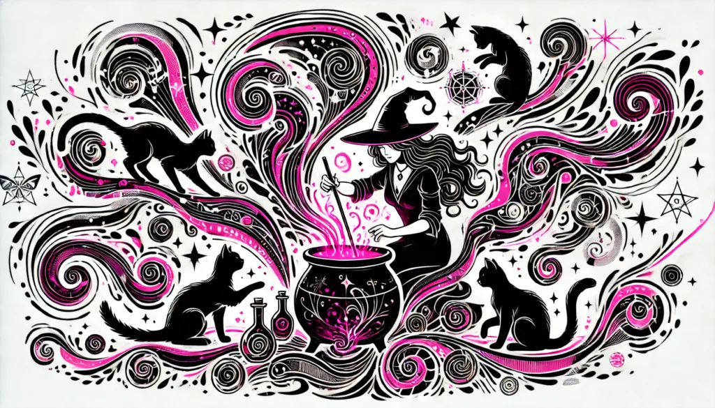 Stylized illustration of a witch stirring a catnip potion surrounded by black cats and swirling magical energy.