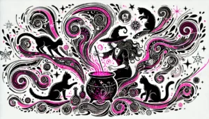 Stylized illustration of a witch stirring a catnip potion surrounded by black cats and swirling magical energy.