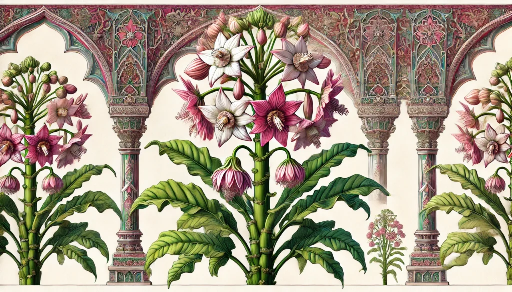 Detailed illustration of a Sabi Star plant with a thick stem and vibrant pink and white flowers.