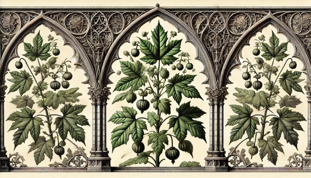 An intricate botanical illustration of the Mayapple Plant, framed by Gothic arches. The plant features large, lobed leaves and small, hanging fruits, rendered in a vintage style with ornate patterns and decorative elements.