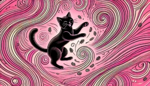 A playful black cat interacting with catnip in a whimsical line art style, showcasing the dynamic energy of "what is catnip."