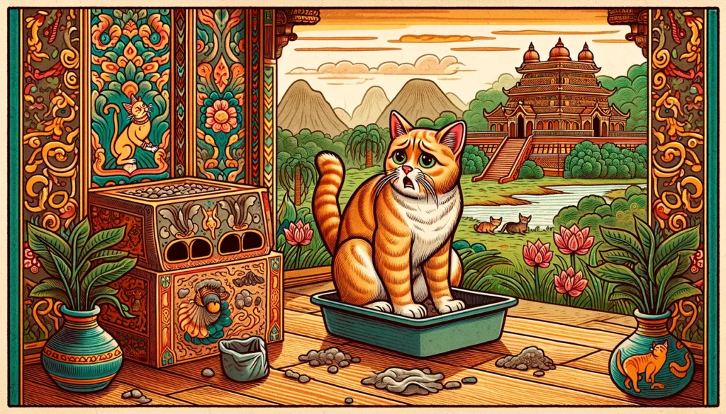 Classical Hindu-Buddhist art style cartoon of a cat interacting with a litter box, suggesting a UTI in cats.
