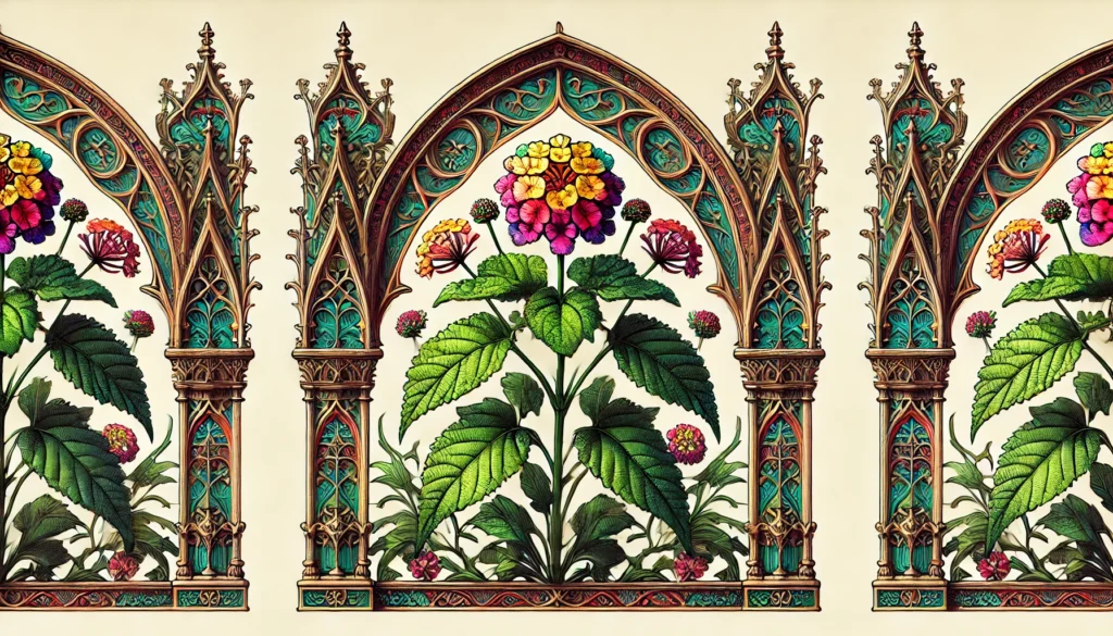 An intricate botanical illustration of the Lantana Plant, framed by Gothic arches. The plant features vibrant, multicolored flowers and detailed leaves, rendered in a vintage style with ornate patterns and decorative elements.