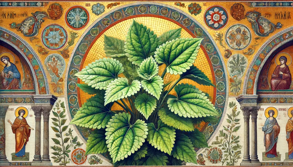 Byzantine-style illustration of Coleus amboinicus plant