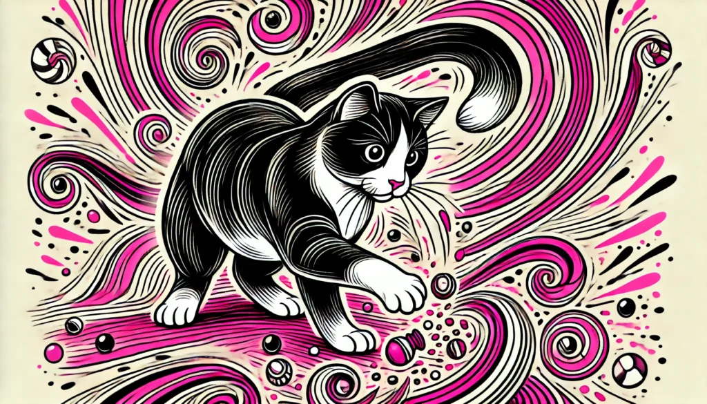 Black and white cat playing with catnip-infused toys surrounded by vibrant pink swirls.