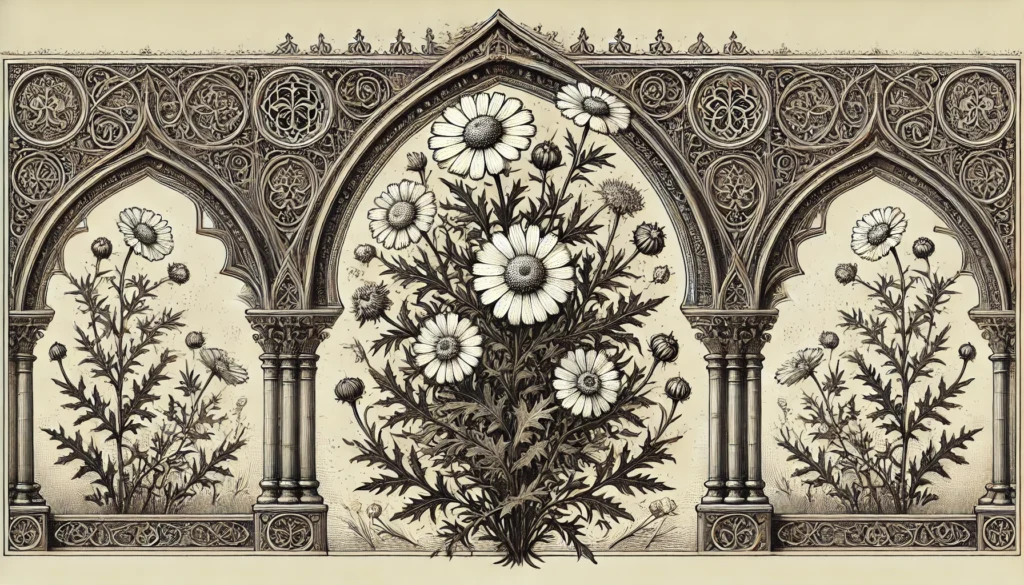 An intricate botanical illustration of the Mayweed Plant, framed by Gothic arches. The plant features feathery leaves and daisy-like flowers, rendered in a vintage style with ornate patterns and decorative elements.