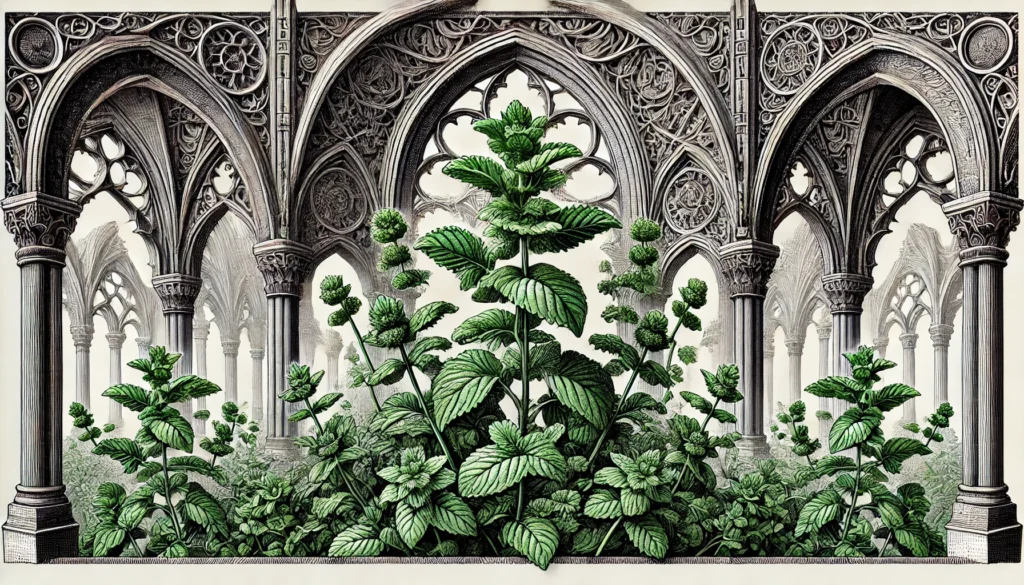 Illustration of Mint plants in a gothic architectural style with vibrant green leaves.