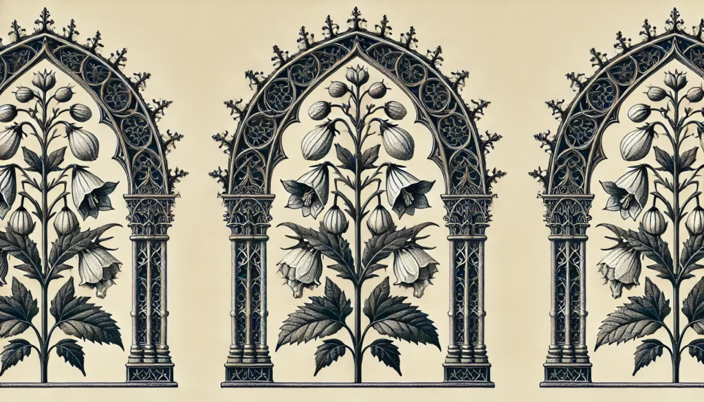 An intricate botanical illustration of the Leatherflower Plant, framed by Gothic arches. The plant features unique, bell-shaped flowers and detailed leaves, rendered in a vintage style with ornate patterns and decorative elements.