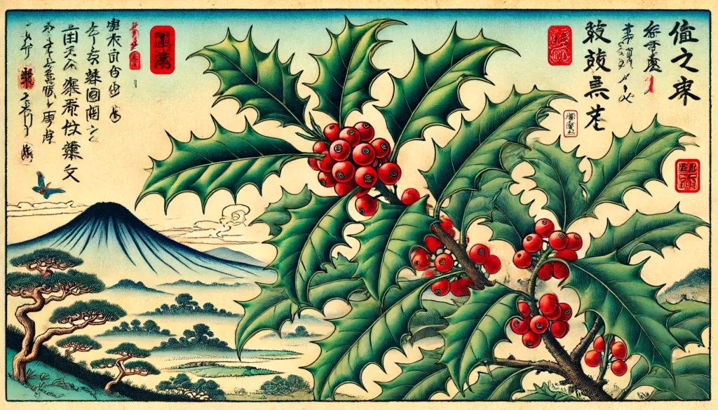 Illustration of an American Holly plant in Ukiyo-e style