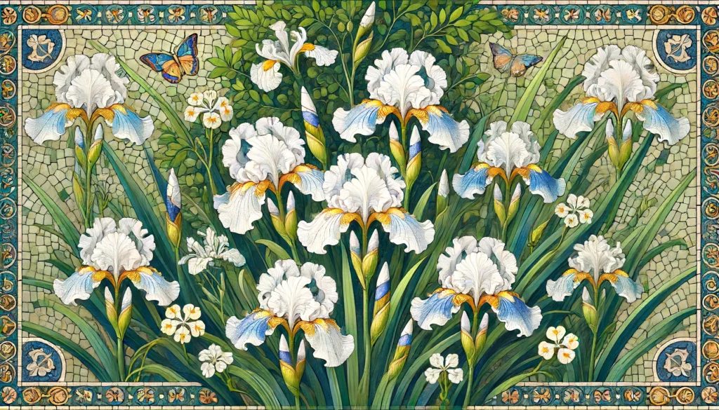 Butterfly Iris garden illustration in Byzantine style