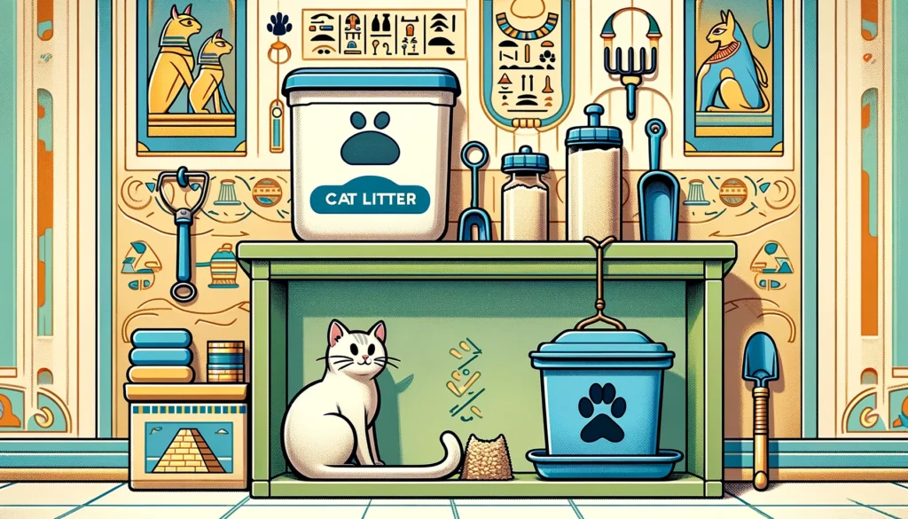 How to store cat litter in Egyptian Ptolemaic Period art style.