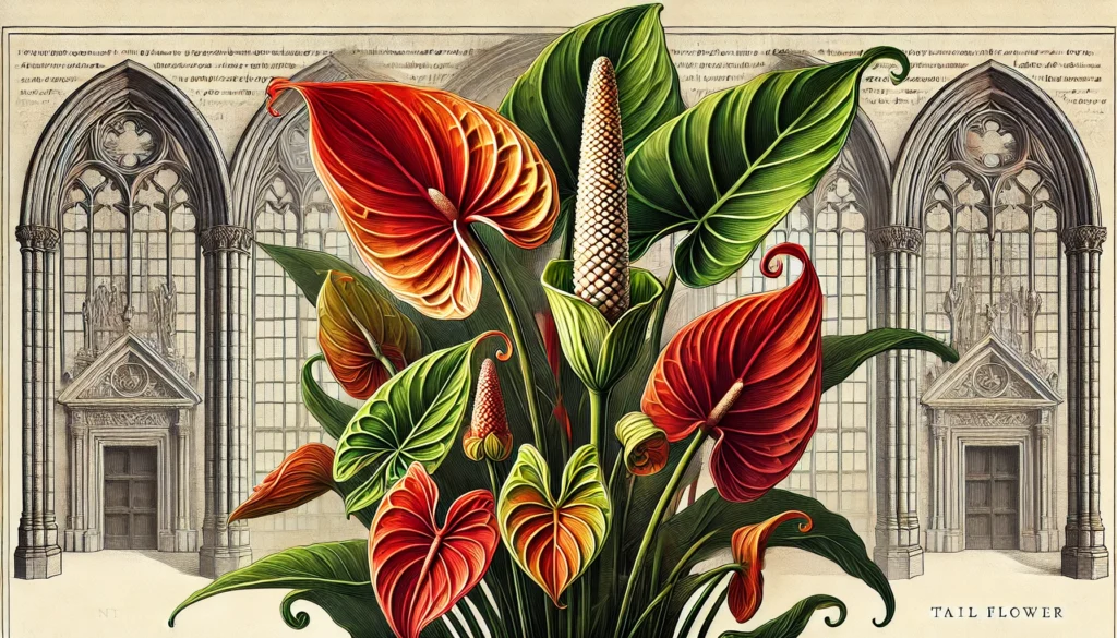 Detailed illustration of Tail Flower (Anthurium scherzeranum) with Gothic architectural background.