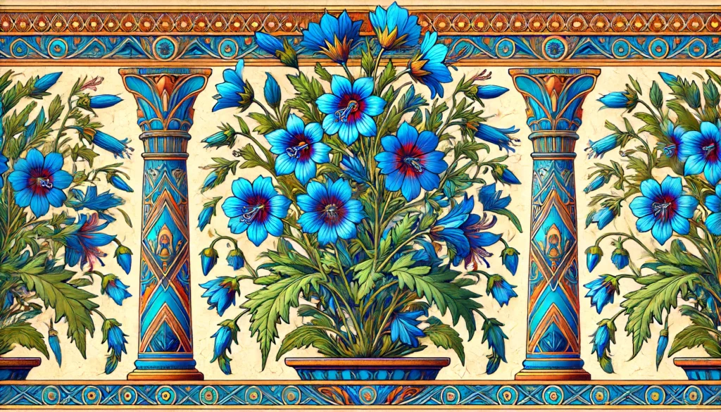 Ancient Egyptian Ptolemaic style illustration of Borage with blue flowers and green leaves.