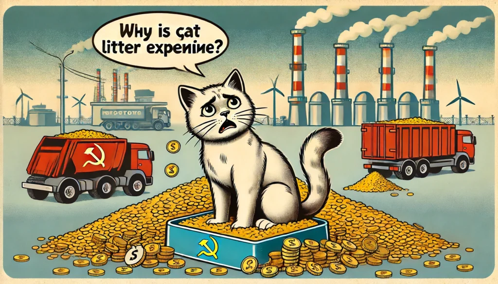 A Soviet art cartoon-style image depicting why is cat litter so expensive.