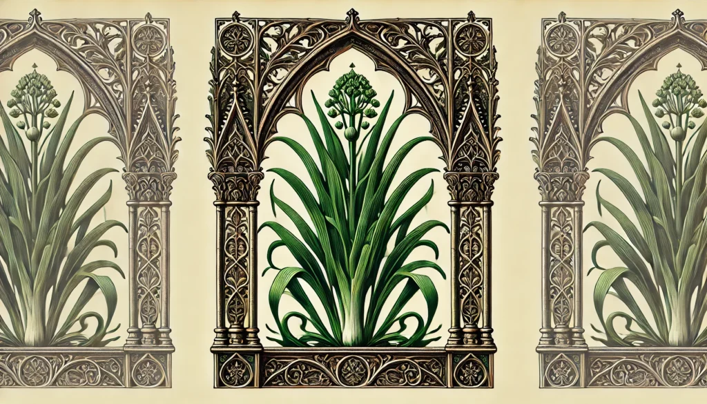 An intricate botanical illustration of the Leek Plant, framed by Gothic arches. The plant features tall, green stalks and long, narrow leaves, rendered in a vintage style with ornate patterns and decorative elements