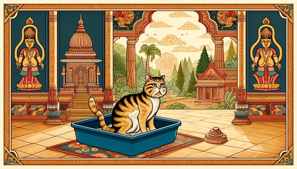 Classical Hindu-Buddhist art style cartoon showing a cat interacting with a litter box, suggesting a UTI concern in cats.