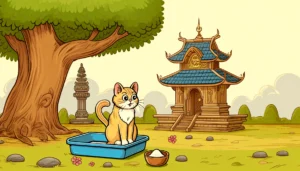 A cartoon-style illustration of a cat near a litter box with a small bowl of baking soda beside it, inspired by classical Hindu-Buddhist art from the 4th to 15th century CE.