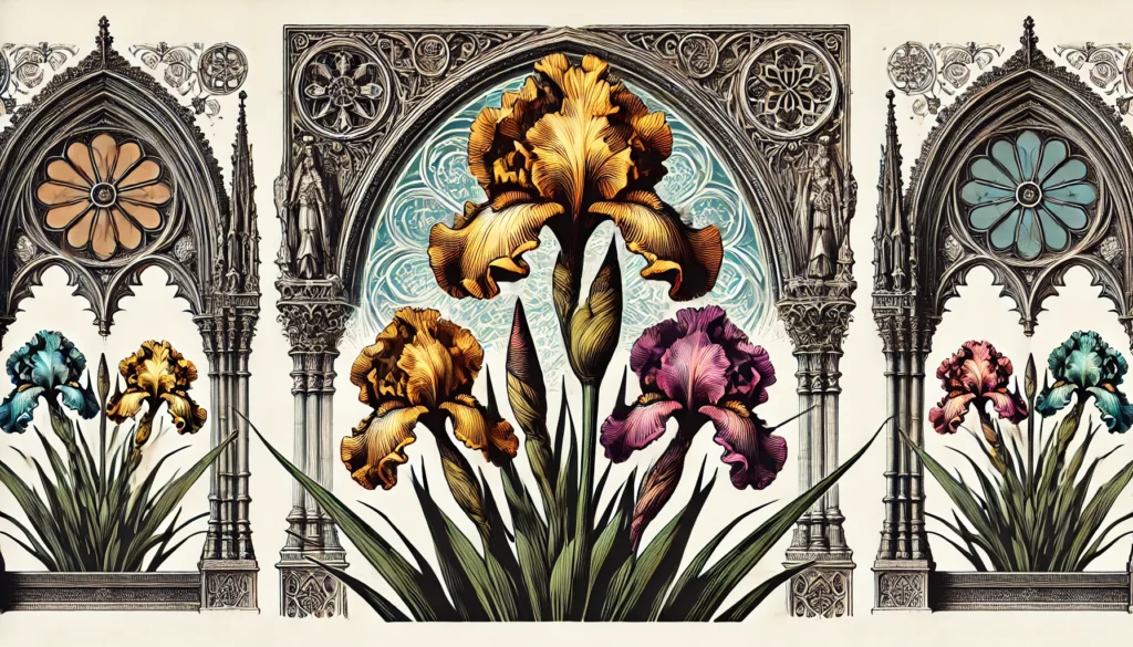 Gothic-style illustration of an Iris plant