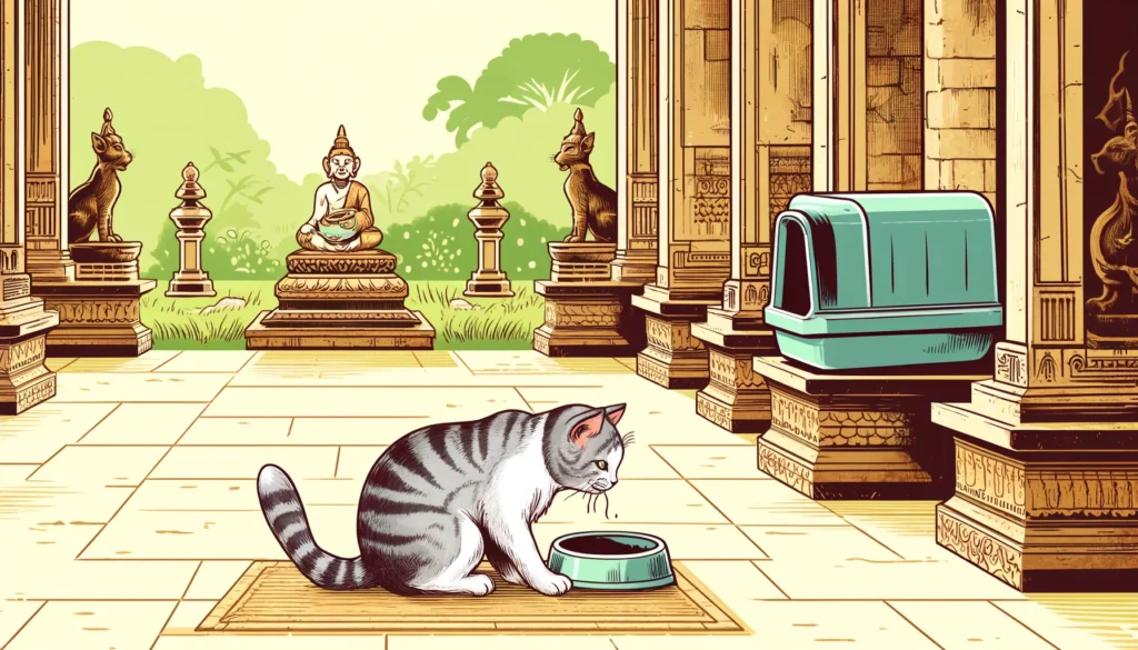 Classical Hindu-Buddhist art style cartoon depicting how far away should cat food be from litter box.