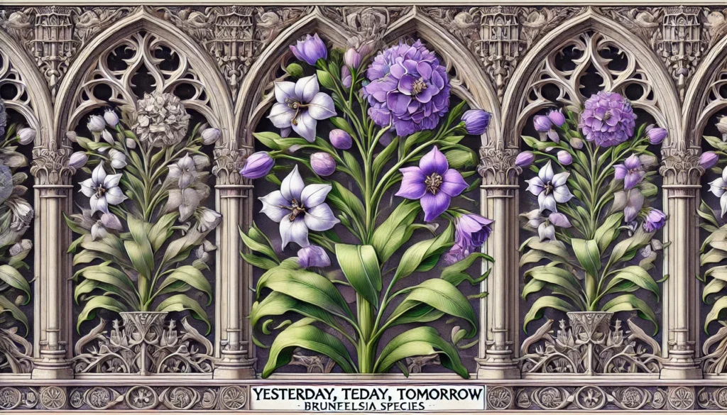 Illustration of Yesterday, Today, Tomorrow (Brunfelsia species) with green leaves and clusters of purple, lavender, and white flowers in a gothic architectural setting.