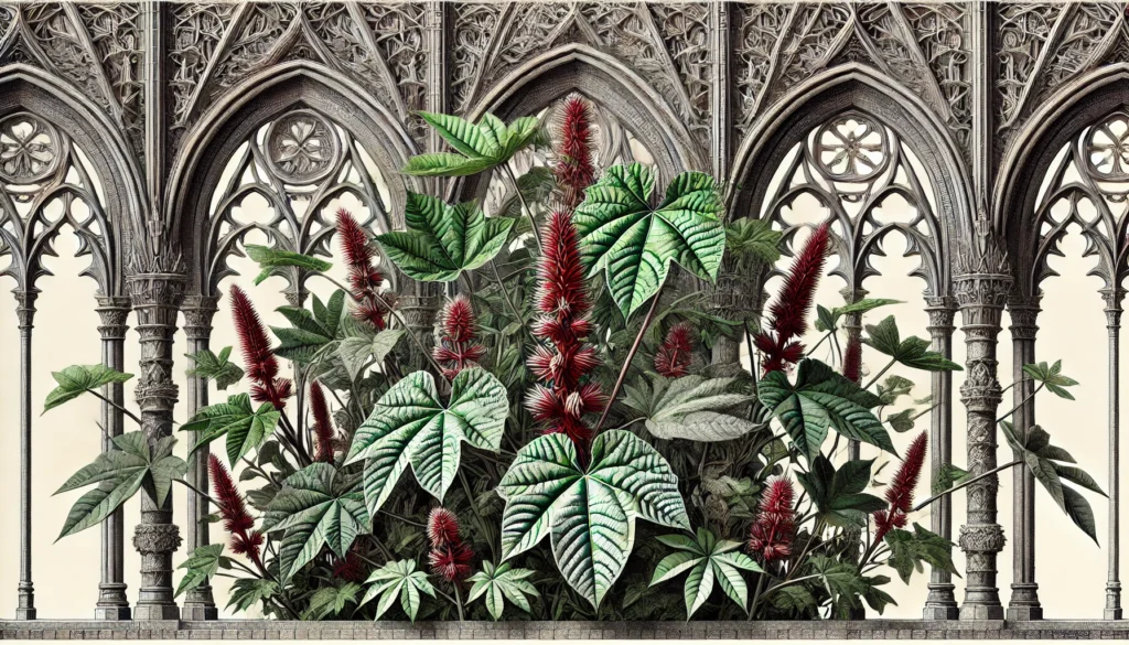 Illustration of Mole Bean plants in a gothic architectural style with green leaves, red stems, and spiky seed pods.