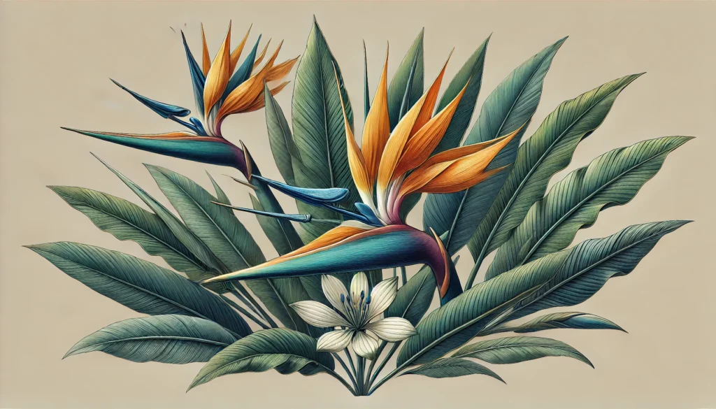 Illustration of the Bird of Paradise flower with vibrant orange and blue petals surrounded by lush green leaves.