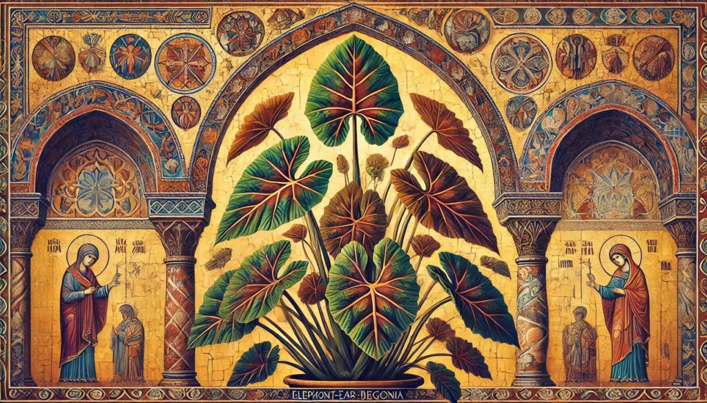 Byzantine Art Style Illustration of an Elephant-Ear Begonia Plant