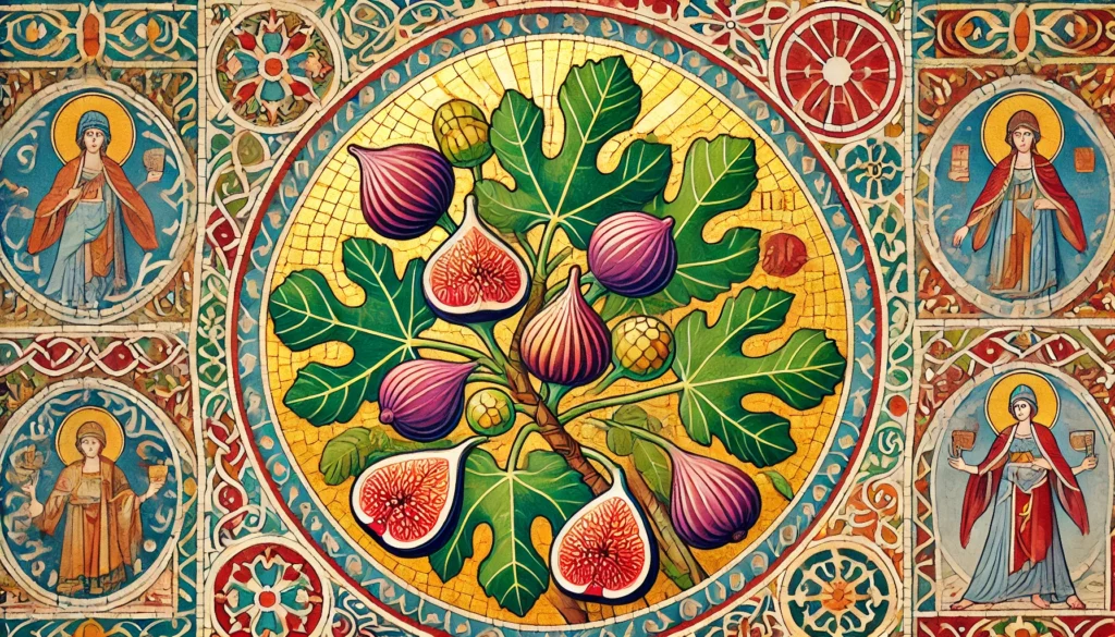 Byzantine art style depiction of a Fig plant with large, lobed leaves and ripe figs