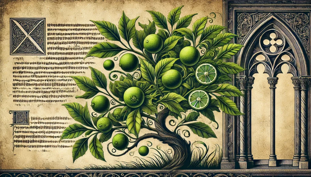 Gothic-style illustration of a Lime tree with green leaves and small round fruits.