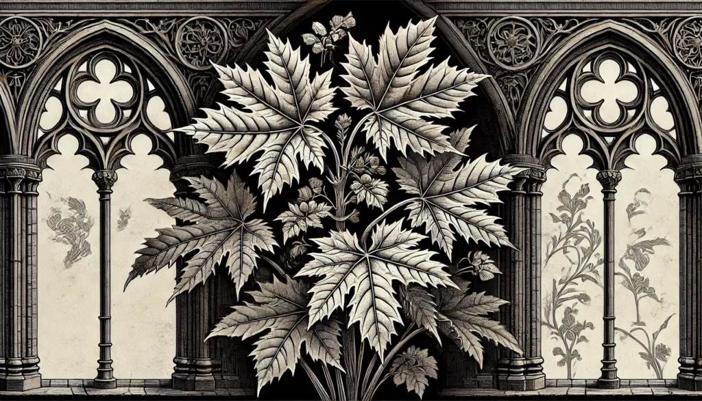 Gothic-style illustration of a Mapleleaf Begonia plant with intricate, ornate features.