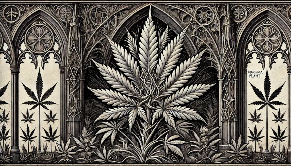 Gothic-style illustration of a marijuana plant with intricate, ornate leaves.