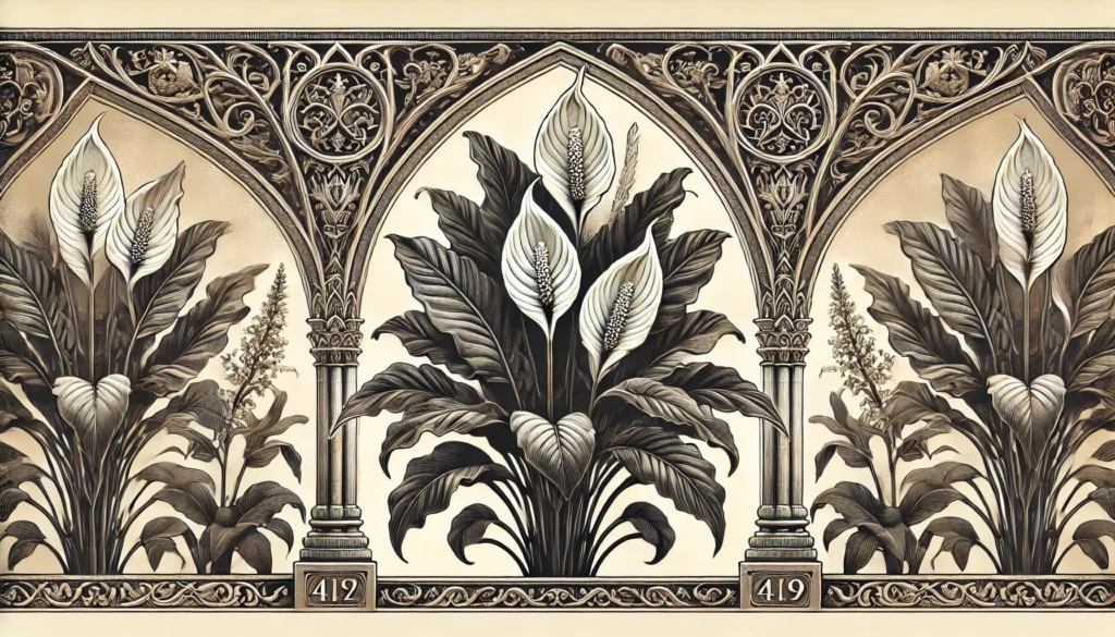 An intricate botanical illustration of the Mauna Loa Peace Lily Plant, framed by Gothic arches. The plant features large, glossy leaves and white, spathiphyllum flowers, rendered in a vintage style with ornate patterns and decorative elements