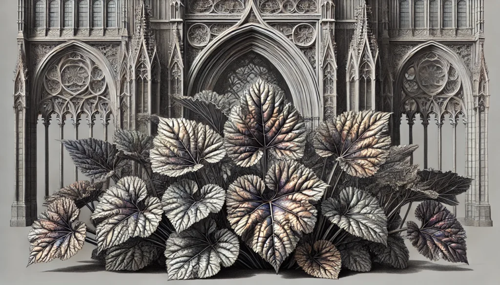 Illustration of Metallic Leaf Begonia plants in a gothic architectural style.