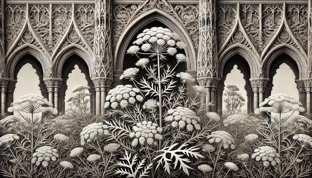 Illustration of Milfoil (Yarrow) plants in a gothic architectural style.