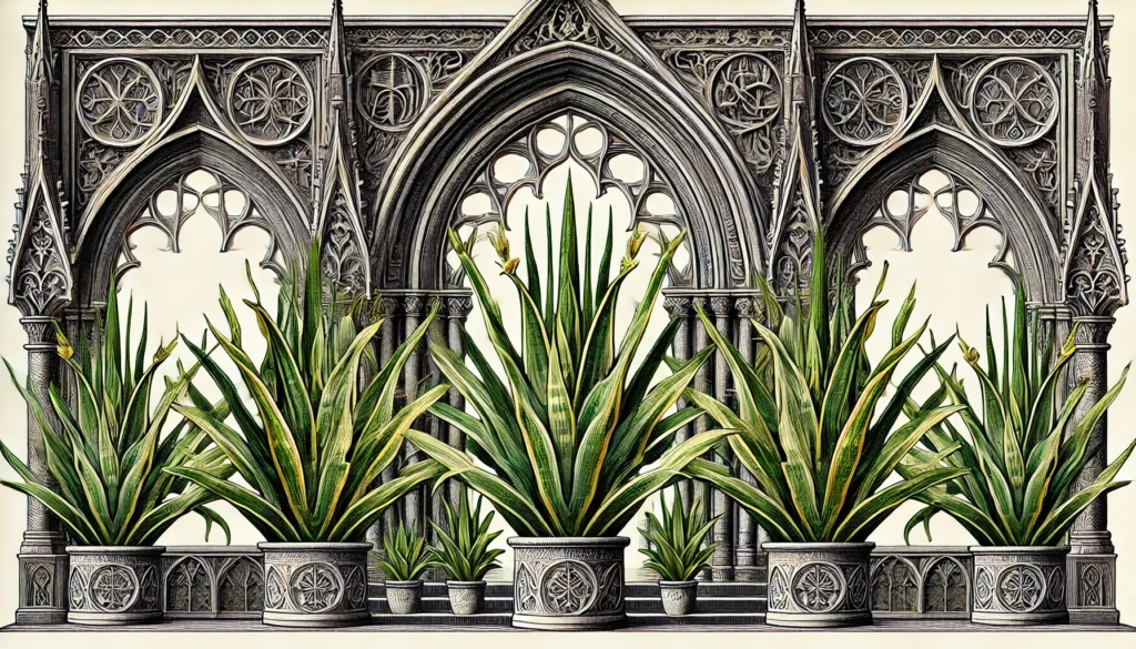 Illustration of Mother-In-Law's Tongue plants in a gothic architectural style with green leaves and yellow edges.