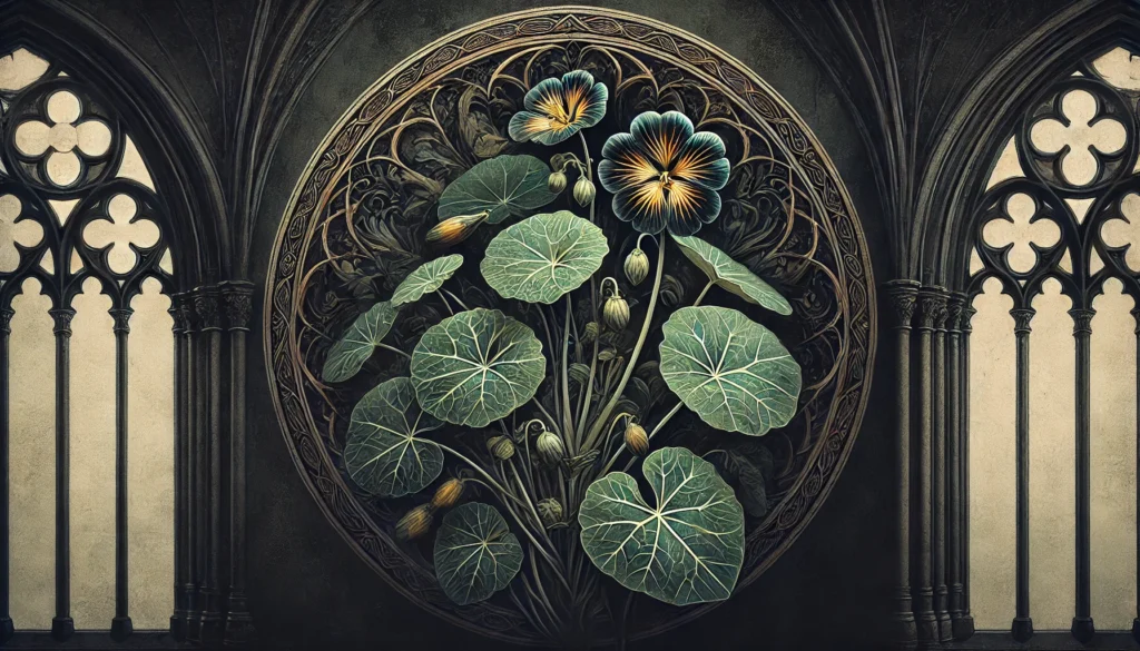 Gothic-style artistic depiction of a Nasturtium (Watercress) plant with intricate detailing.