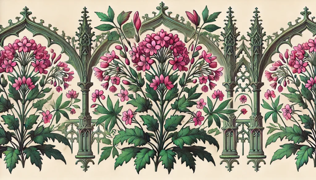 Pinks plant with green leaves and clusters of small pink flowers in front of intricate gothic architecture.