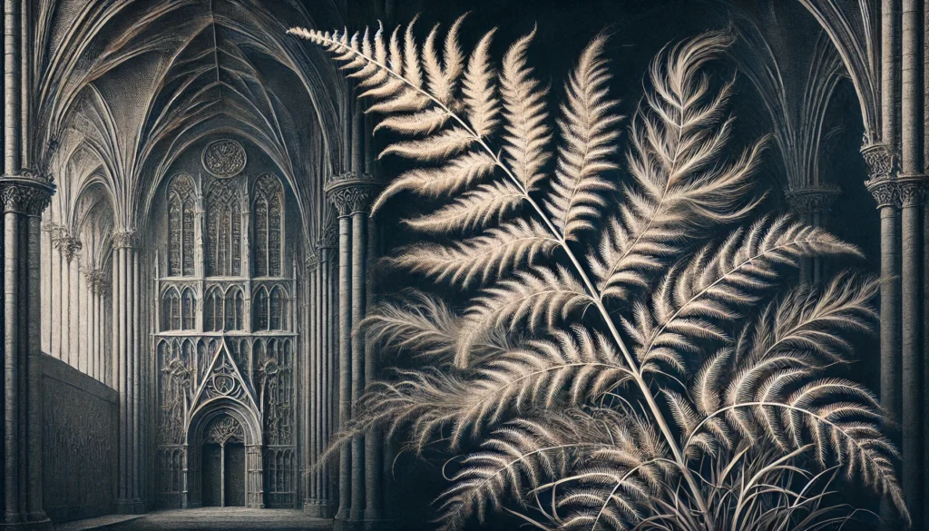 Gothic-style artistic depiction of a Plumosa Fern (Asparagus setaceus) with intricate detailing.