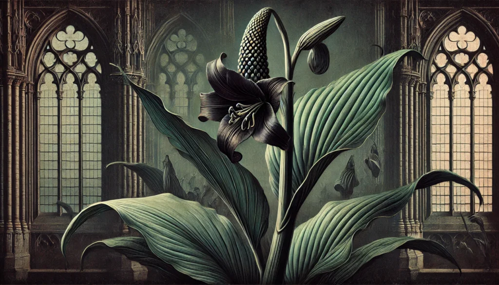 Gothic-style artistic depiction of Solomon’s Lily (Arum palaestinum) with intricate detailing.