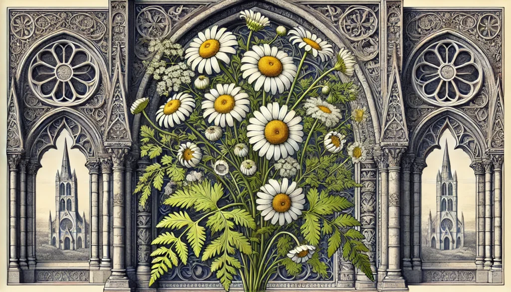 Detailed illustration of a Stinking Chamomile plant with daisy-like flowers and fern-like foliage.