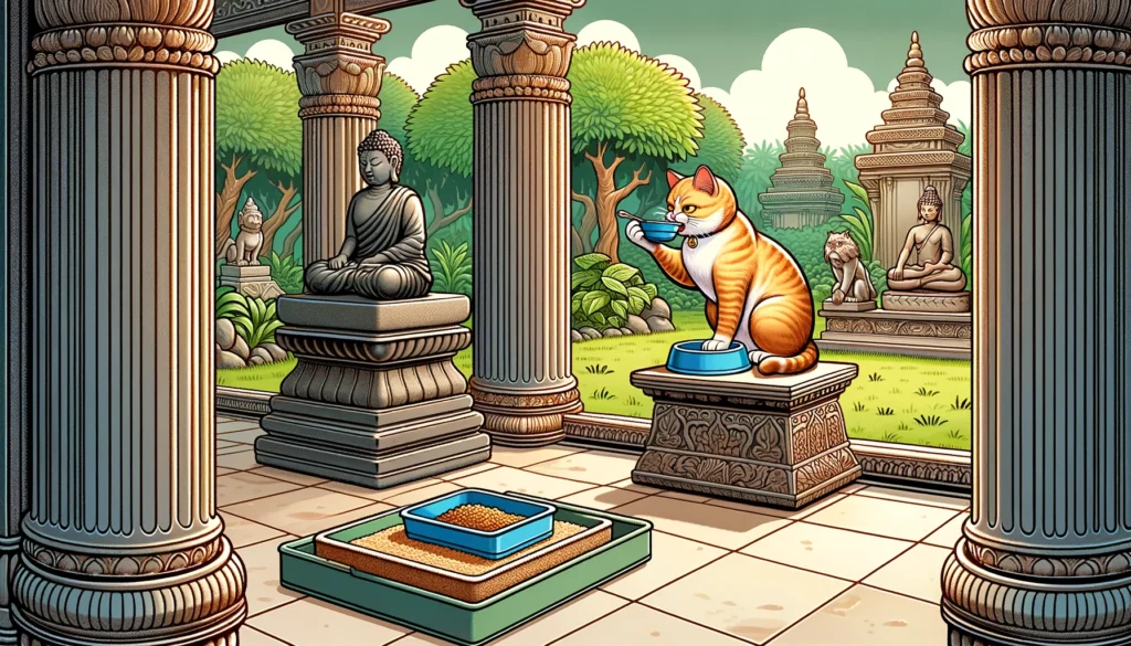 Classical Hindu-Buddhist art style cartoon depicting how far away should cat food be from litter box.