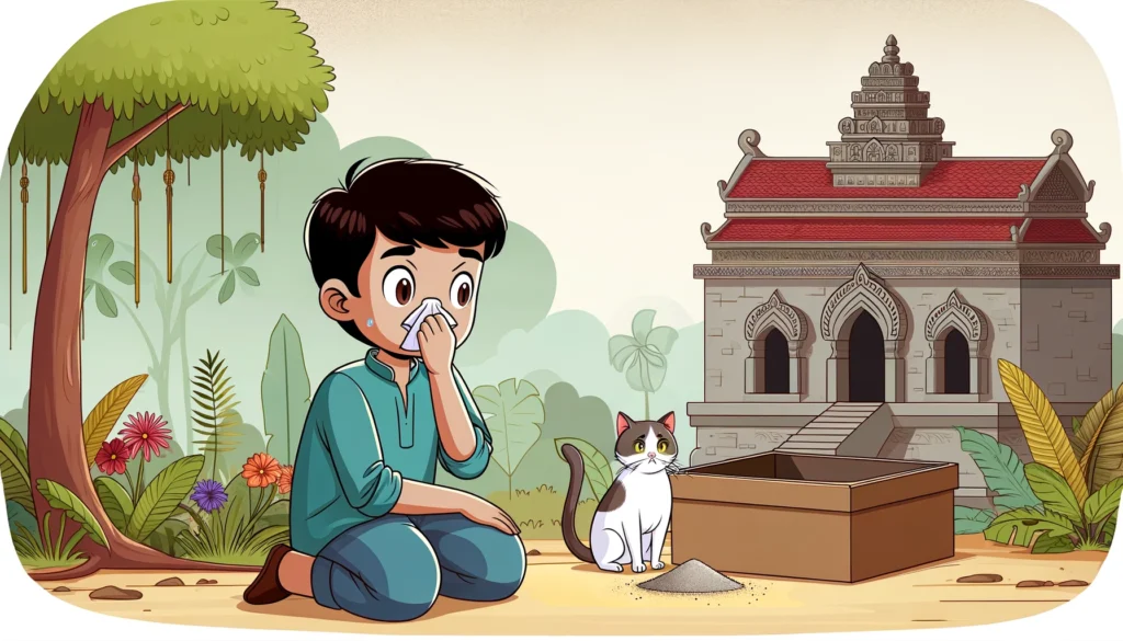 A person near a cat litter box with visible dust particles, concerned about breathing in cat litter dust.