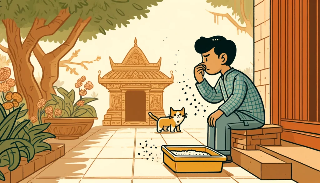 A person near a cat litter box with visible dust particles, concerned about breathing in cat litter dust.