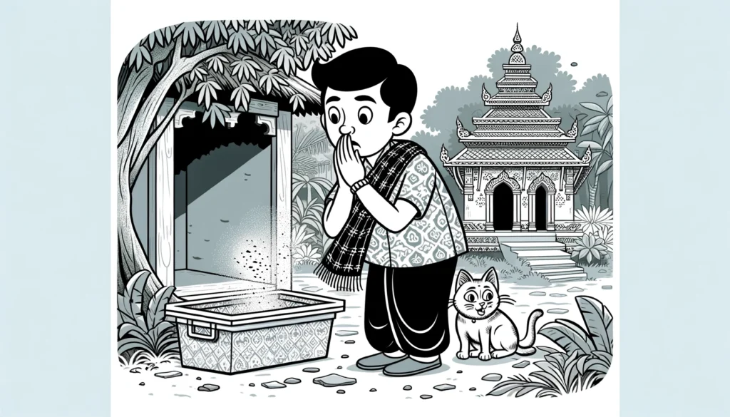 A person near a cat litter box with visible dust particles, covering their nose, depicting concerns about breathing in cat litter dust.